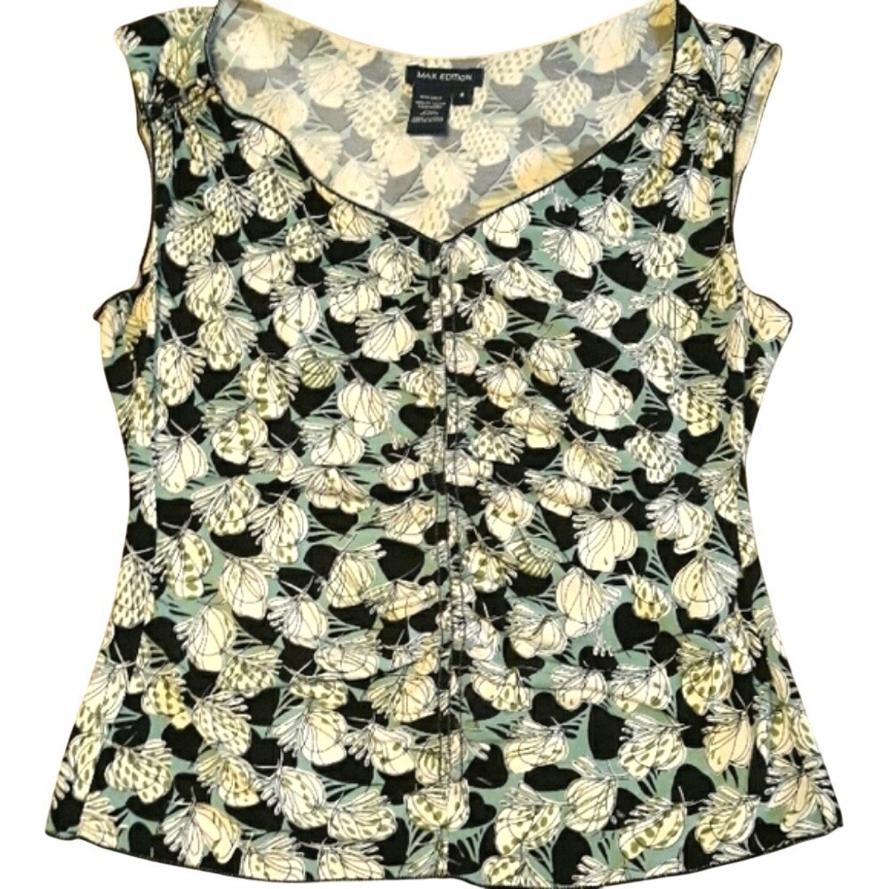 Max Edition Green Botanical Floral Ruched V-Neck Sleeveless‎ Knit Top Small